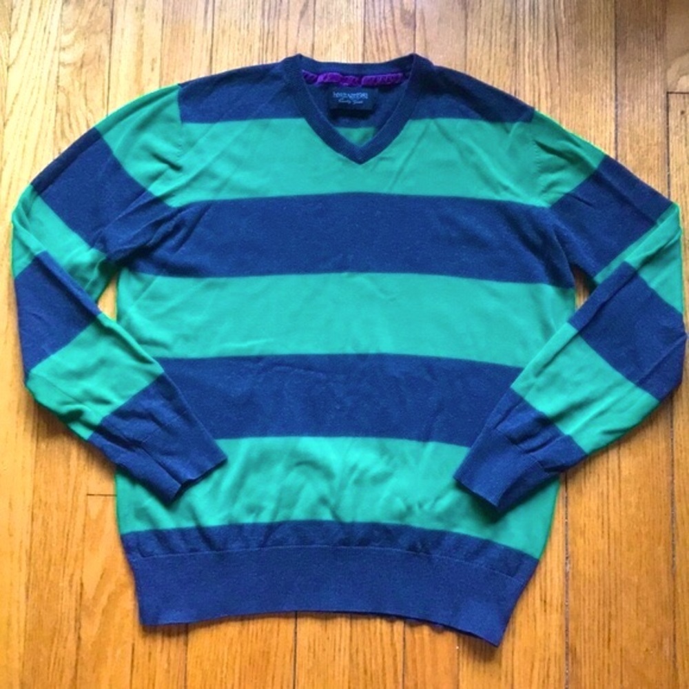 Green Blue Striped Men's Sweater, Size Medium